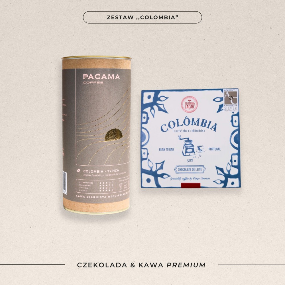 Kawa ziarnista Arabica Speciality Pacama Coffee Colombia - Typica 200g puszka i czekolada w tabliczce