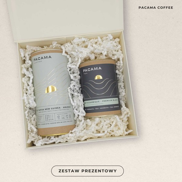 Zestaw prezentowy Pacama: Kawa ziarnista 100% Papua New Guinea Arusha 200g + Herbata czarna Mozambique 100g