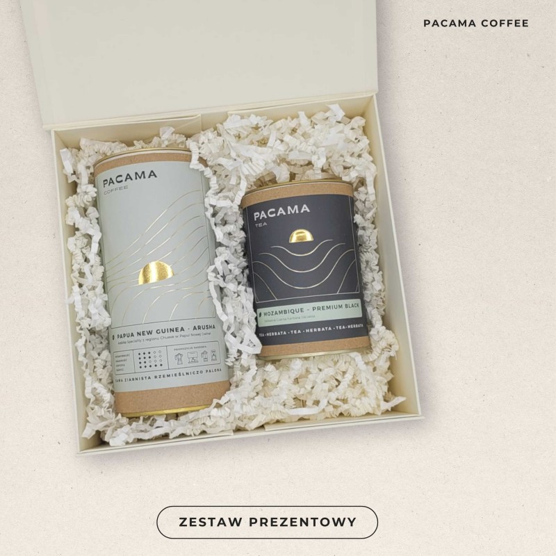 Zestaw prezentowy Pacama: Kawa ziarnista 100% Papua New Guinea Arusha 200g + Herbata czarna Mozambique 100g