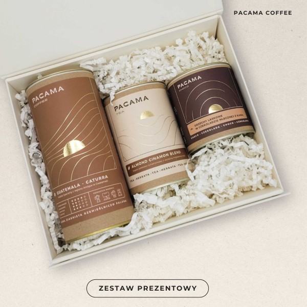 Zestaw prezentowy Pacama: Kawa ziarnista Gwatemala Caturra + Herbata Almond Cinamon Blend + Orzech laskowy w czekoladzie z kawą