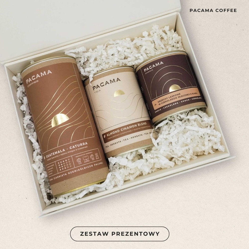 Zestaw prezentowy Pacama: Kawa ziarnista Gwatemala Caturra + Herbata Almond Cinamon Blend + Orzech laskowy w czekoladzie z kawą