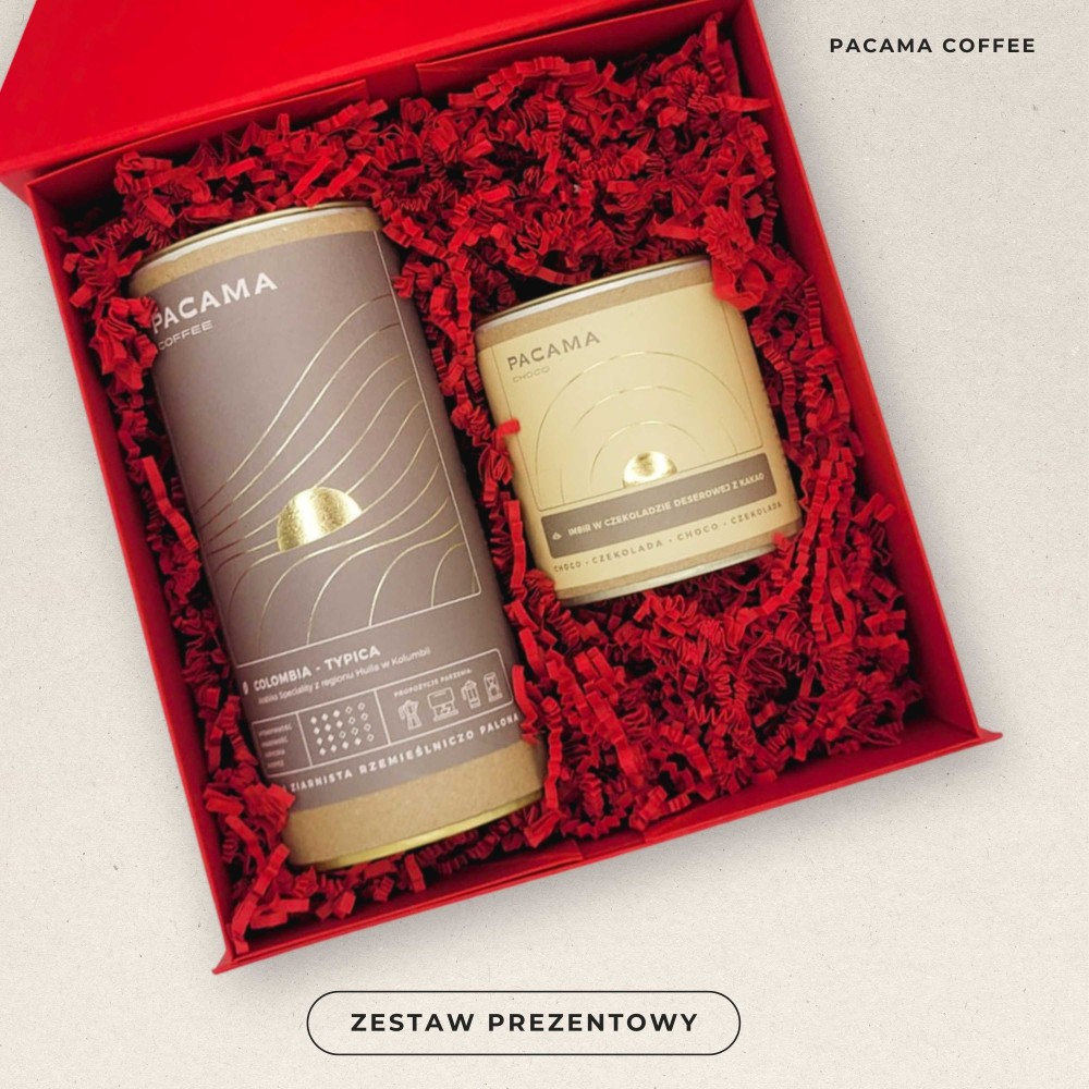 Zestaw prezentowy Pacama: Kawa ziarnista 100% Colombia Typica 200g +  Imbir w czekoladzie deserowej z kakao 150g