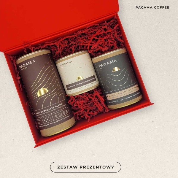 Zestaw prezentowy Pacama: Kawa ziarnista Dark Chocolate Blend + Herbata Earl Grey + Migdały w białej czekoladzie z kokosem