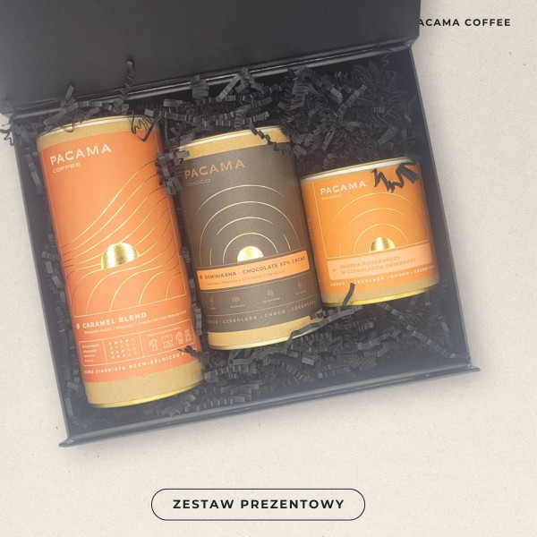Zestaw prezentowy Pacama: Kawa ziarnista Caramel Blend + Czekolada do picia + Skórka pomarańczowa w czekoladzie deserowej.