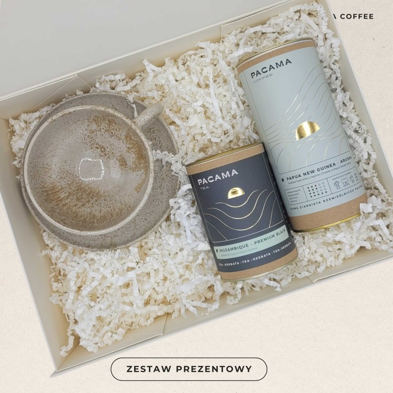 Zestaw prezentowy: Kawa ziarnista 100% Papua New Guinea Arusha+ Herbata czarna Mozambique + Filiżanka ceramiczna Koło i Piec